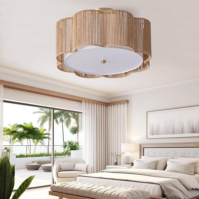 17.7" Rattan Flush Mount Ceiling Light, 3-Light Boho Close to Ceiling Light Fixtures, Rattan Bedroom Ceiling Light, Farmhouse Large Drum Chandelier for Dining Room, Kitchen, Hallway(Yellow)