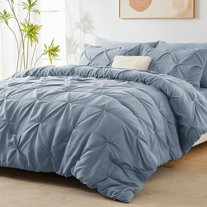 CozyLux Full Size Comforter Sets Grayish Blue, 7 Pieces Pintuck Bed in A Bag Blue Comforter Full Size, Pinch Pleat Bedding Sets with All Season Comforter, Sheets, Pillowcases & Shams