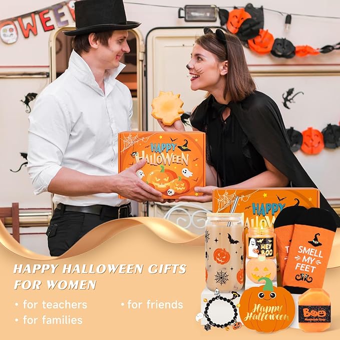 Halloween Pumpkin Boo Basket Stuffers for Adults Women, Halloween Glass with Lid and Straw, Pumpkin Mug Cute Halloweens Gifts for Women Her Sister Friend