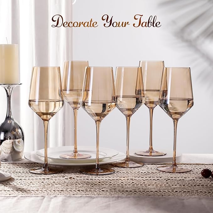 Physkoa Amber Colored Wine Glasses Set 6-16oz Stemmed Brown Wine Glasses With Tall Long Stem and Tulip Bottom,Amber Glassware for Home Deco,Wedding,Birthday