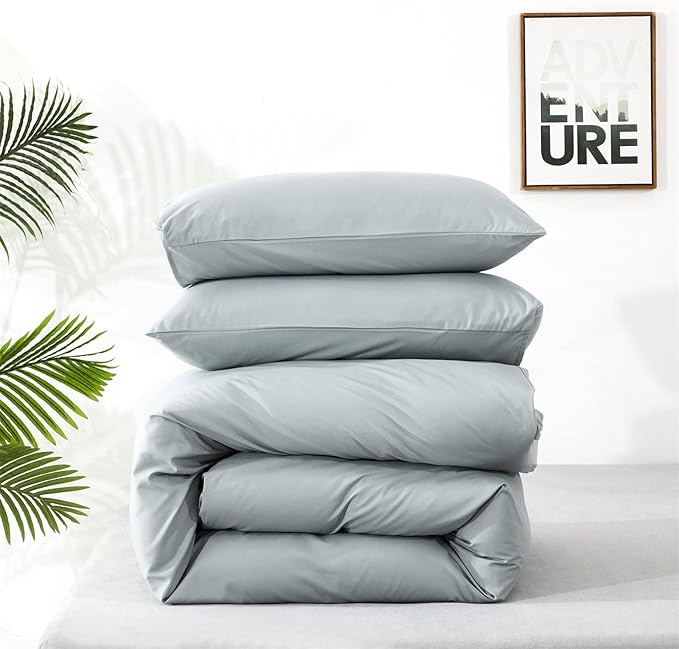 Pureant Haze Blue Comforter Sets Queen Solid Light Dusty Blue Bedding Comforters Cotton Women Men Plain Color Bed Quilts Modern Light Greyish Blankets Comforters Soft Health