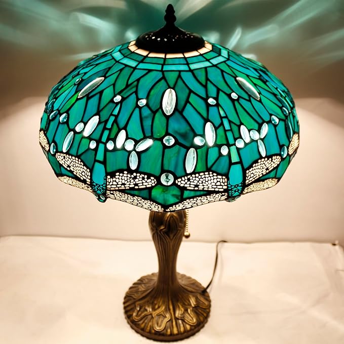 WERFACTORY Tiffany Table Lamp Green Stained Glass Dragonfly Bedside Lamp 16X16X24 Inches Desk Reading Light Metal Base Decor Bedroom Living Room Home Office S622 Series