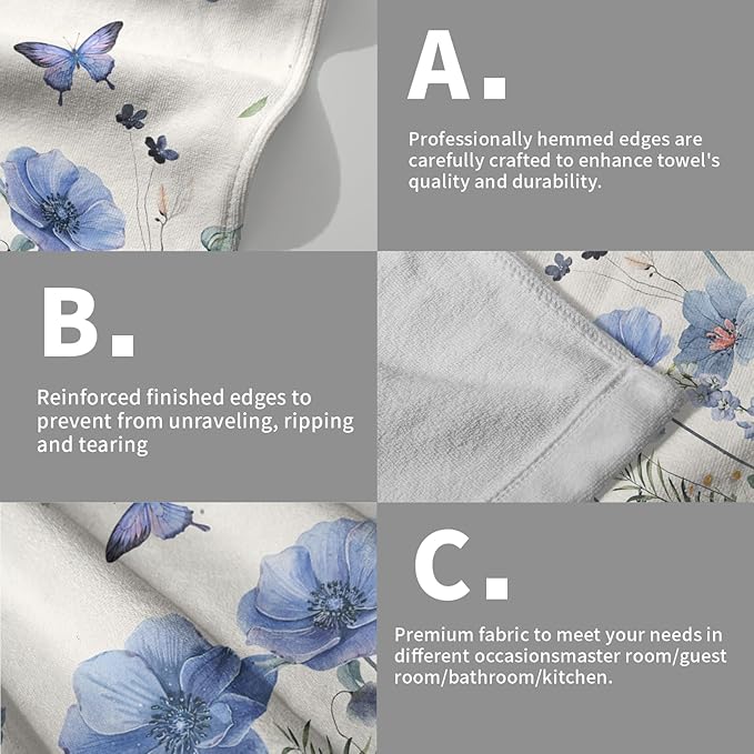 Spring Kitchen Towels Wild Flowers Set of 2 Butterfly Floral Absorbent for Home Gym Spa Blue