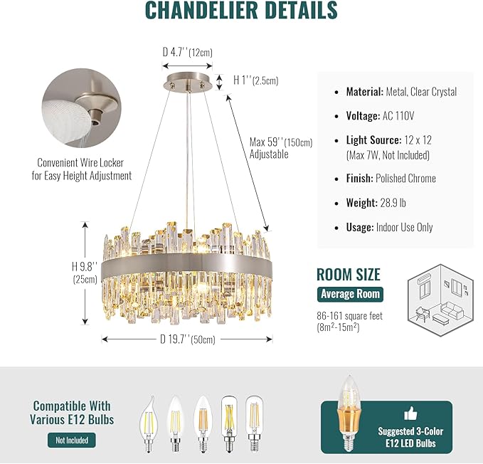 Siljoy 19.7'' Modern Crystal Chandelier for Dining Room, Luxury 2-Tiers K9 Crystal Raindrop Chandelier Flush Mount Dimmable Pendant Ceiling Light for Living Room Kitchen Island E12x12, Brushed Nickel