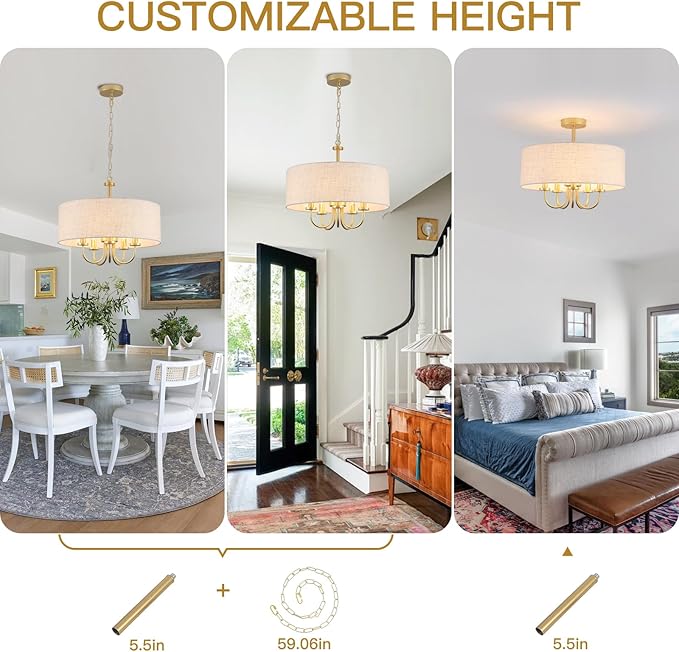 Drum Chandeliers for Dining Room, 5 Light White Drum Light Fixture Brass Round Chandelier with Linen Shades, 19" Fabric Pendant Light Gold Farmhouse Chandelier for Living Room Kitchen Bedroom Foyer
