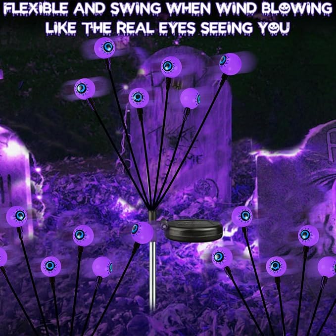 2025 Upgraded 6 Pack Solar Halloween Lights Outdoor, 36 LED Purple Swaying Solar Eyeball Lights Waterproof with 2 Modes for Path Party Patio Garden Pathway Graveyard Halloween Displays Decorations