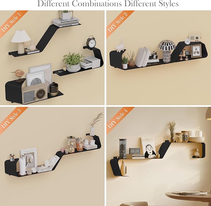 Floating Shelves, Wall Shelf, Set of 3 Wall Mounted Metal Shelves with Unique Design for Wall Storage, Book Shelf, Display Shelves for Bathroom Bedroom Kitchen Living Room for Home Black