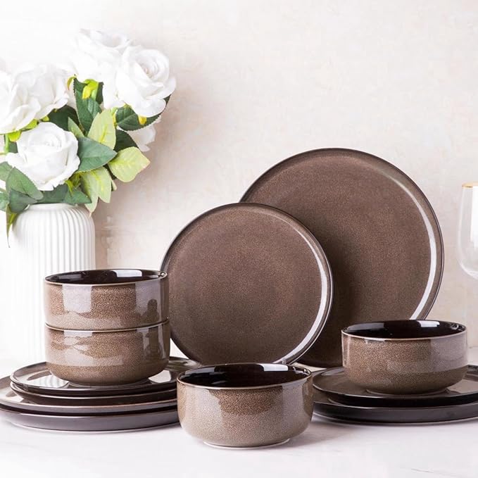 LeRatio Ceramic Dinnerware Sets for 4,12-Piece Plates and Bowls,Handmade Reactive Glaze Dishes Set,Chip Resistant and Scratch Resistant | Oven&Dishwasher & Microwave Safe,Service for 4-Coffee