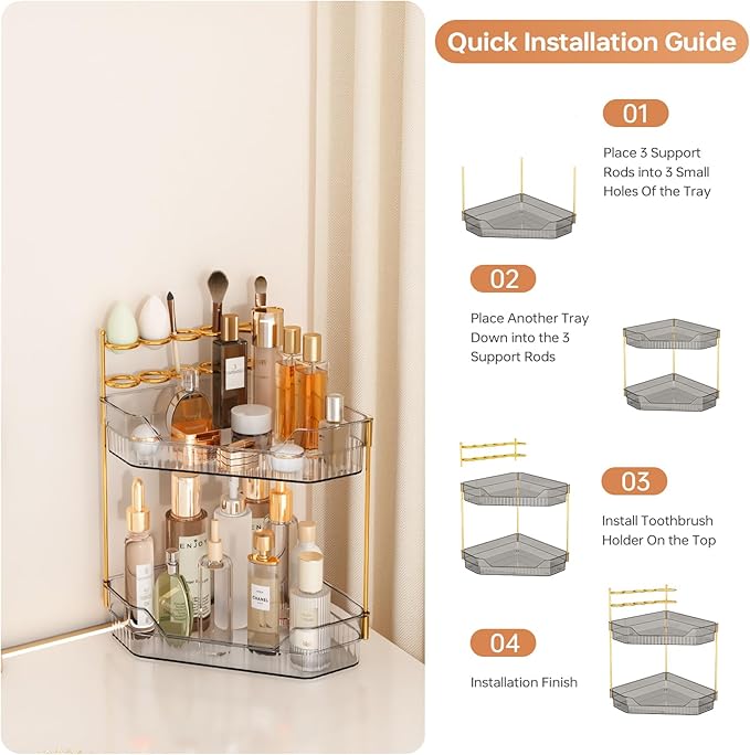 Corner Bathroom Counter Organizer with Makeup Brush Holder & Toothbrush Holders, Makeup Organizer for Vanity Countertop, Acrylic Skincare Storage Shelf (Grey, 2-Tier)
