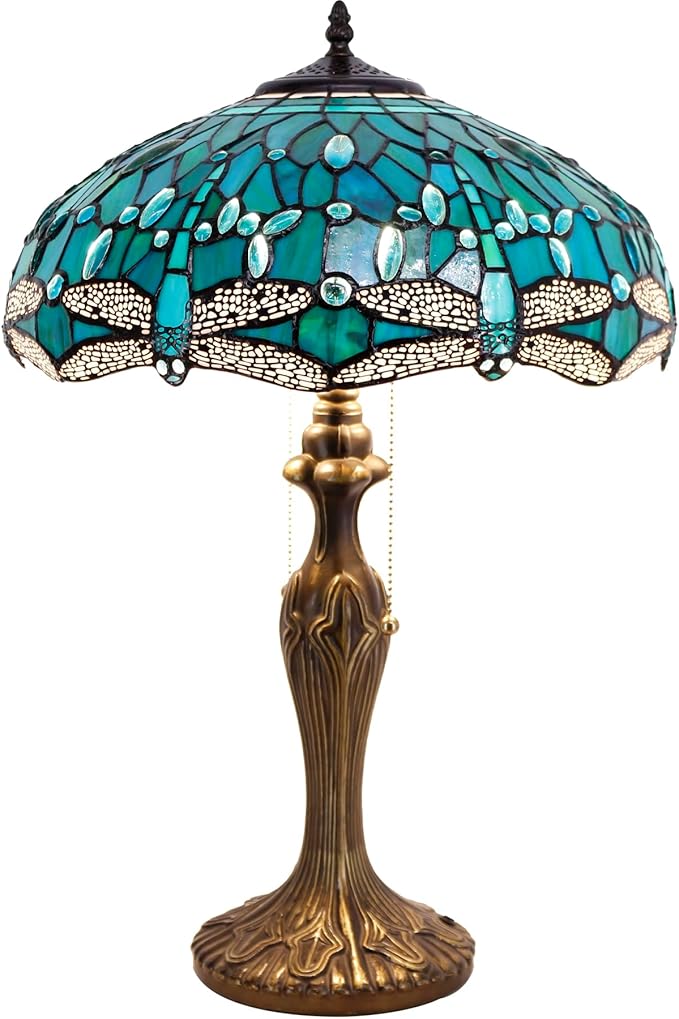 WERFACTORY Tiffany Table Lamp Green Stained Glass Dragonfly Bedside Lamp 16X16X24 Inches Desk Reading Light Metal Base Decor Bedroom Living Room Home Office S622 Series