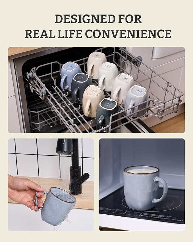 famiware Coffee Mugs Set of 6, Ocean Square 13oz Coffee Cup Set with Handle for Cocoa, Milk, Hot Chocolate, Tea, Water, Stoneware Cups for Kitchen, Microwave and Dishwasher Safe, Blue