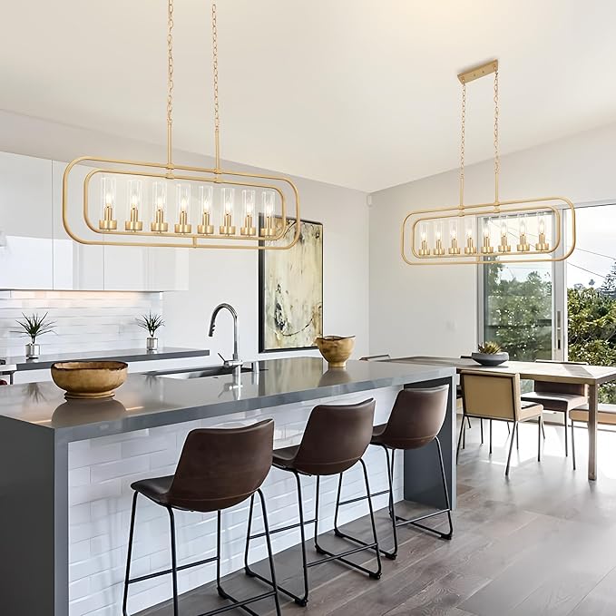 Gold Linear Dining Room Light Fixture, 8 Lights Modern Kitchen Isalnd Light, 45" Long Chandelier Farmhouse Chandeliers for Dining Room Industrial Pendant Lights with Clear Glass