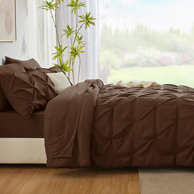 CozyLux Full Size Comforter Sets Brown, 7 Pieces Pintuck Bed in A Bag Brown Comforter Full Size, Pinch Pleat Bedding Sets with All Season Comforter, Sheets, Pillowcases & Shams