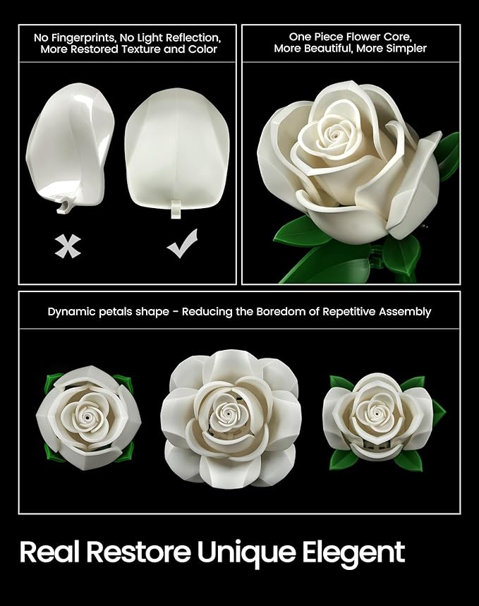 iATOM White Rose Bouquet Building Set, Compatible with Lego Flowers for Adults Women, Artificial Wedding Flowers Home Decor - Botanical Collection Gift for Valentines & Mother's Day - IA11013