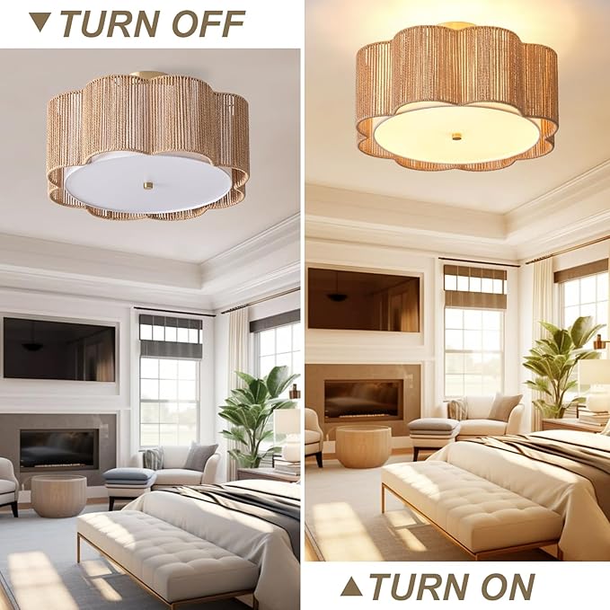 17.7" Rattan Flush Mount Ceiling Light, 3-Light Boho Close to Ceiling Light Fixtures, Rattan Bedroom Ceiling Light, Farmhouse Large Drum Chandelier for Dining Room, Kitchen, Hallway(Yellow)
