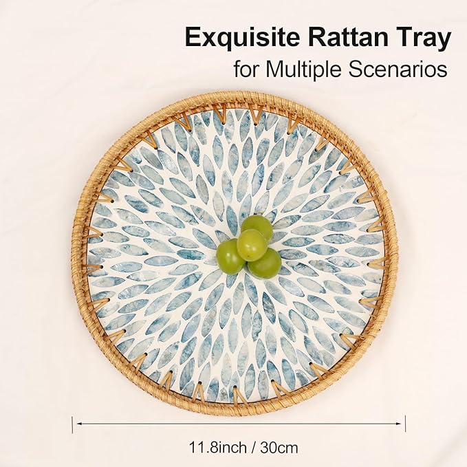 Round Rattan Tray with Mother of Pearl Inlay, Rattan Serving Tray for Coffee, Bread, Fruits, Decorative Wicker Tray for Table Decor, Home Decor, Kitchen Island Decor (Light Blue Leaf, 11.8")