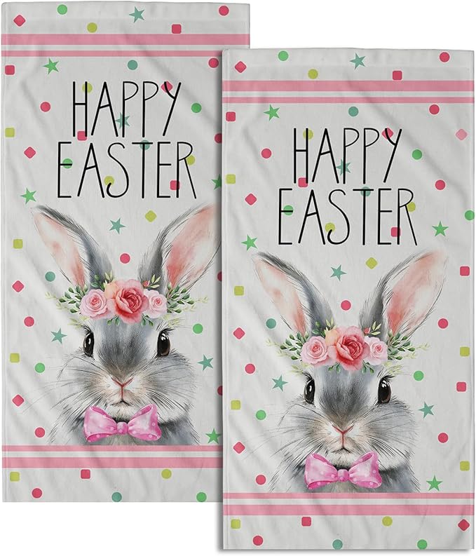 Easter Rabbit Hand Towels 2 Pack Pink Mrs Rabbit Decorative Holiday Fingertip Towels Soft Absorbent Kitchen 14x28