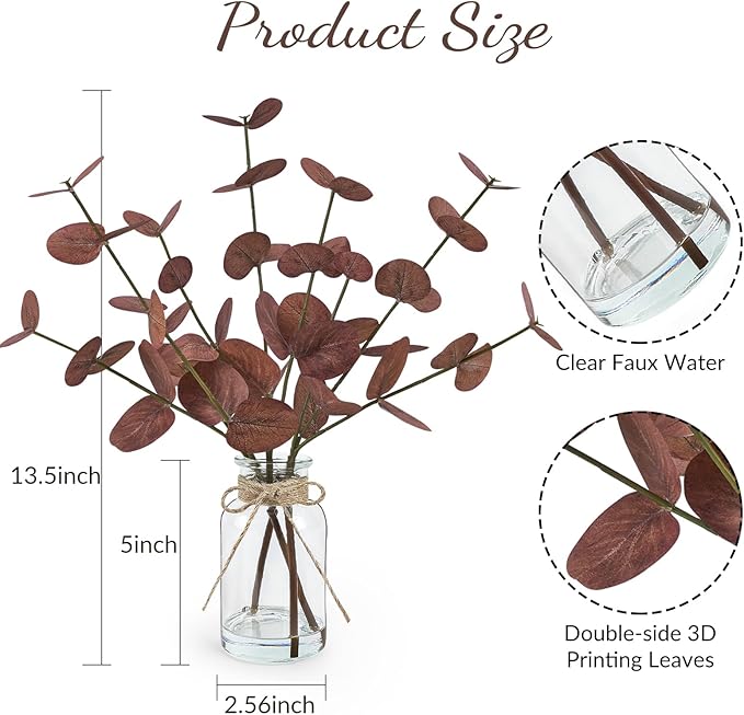 Artificial Eucalyptus Stems in Glass Vase with Faux Water, 14" Fake Plants for Home Decor Centerpieces, Office, Bathroom & Farmhouse Weddings - Faux Plants Decorations