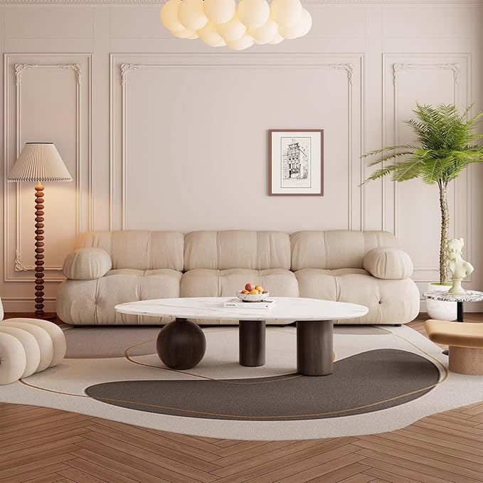 Small Oval Coffee Table, Mid Century Vintage Coffee Table for Living Room White Center Minimalist End Table with Marble Top and Wooden Finished Metal Base