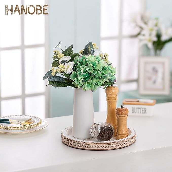 Hanobe Decorative Serving Tray Wood: White Washed Bead Round Tray Decor for Rustic Wooden Trays Farmhouse Centerpiece for Living Room Kitchen Counter