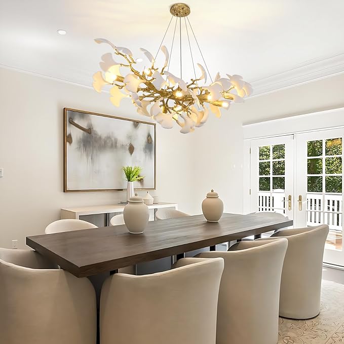 Modern Gold and White Tree Branch Chandeliers for Dining Room,36" Rectangle Ceramic Ginkgo Leaf Chandelier, Dining Chandelier,Linear Chandeliers for Dining Room, Living,Kitchen