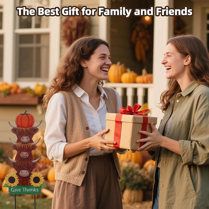 Thanksgiving Outdoor Decorations 39.3" with GIve Thanks Sign and Sunflowers, Large Highland Cow Fall Garden Stakes for Yard Lawn, and Autumn Harvest Decorations
