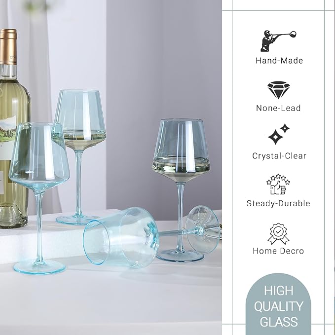 Light Blue Wine Glasses Set 6-16oz Modern Blue Wine Glasses With Tall Long Stem and Flat Bottom,Unique Blue Wine Stemware for Birthday Wedding Bridal Shower