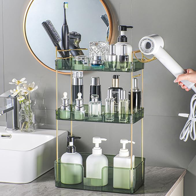 3 Tier Bathroom Organizer Countertop Makeup Perfume Skincare Organizer Comes with Hair Dryer Rack and Toothbrush Holder for Bathroom Dresser Vanity (Green)