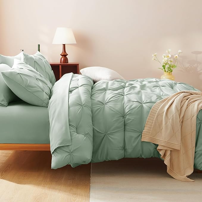 CozyLux Queen Comforter Set Sage Green, 7 Pieces Pintuck Bed in A Bag, Premium Green Comforter Queen Size, Pinch Pleat Bedding Sets with Comforter, Sheets, Pillowcases & Shams