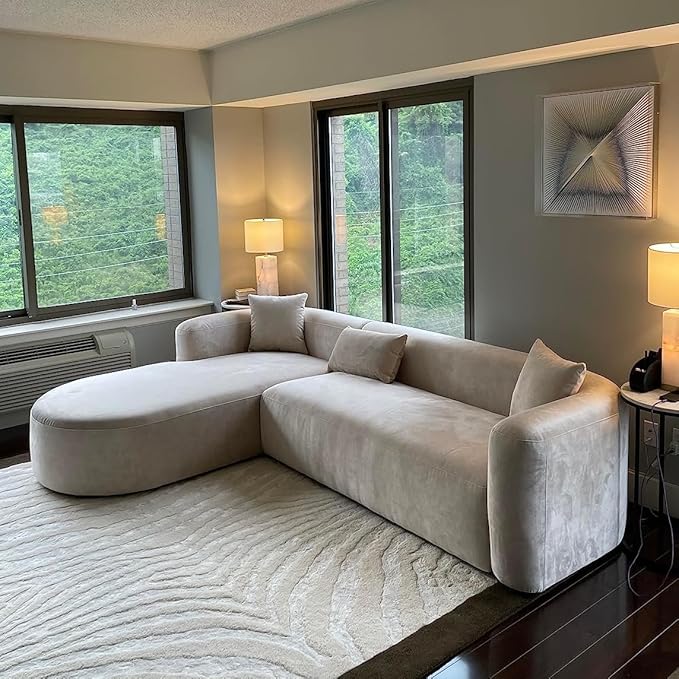 Acanva Luxury Modern Tight Curved Back Velvet Sofa, Minimalist Style Comfy Couch for Living Room Apartment, L-Shaped Sectional with Left Chaise, Cream
