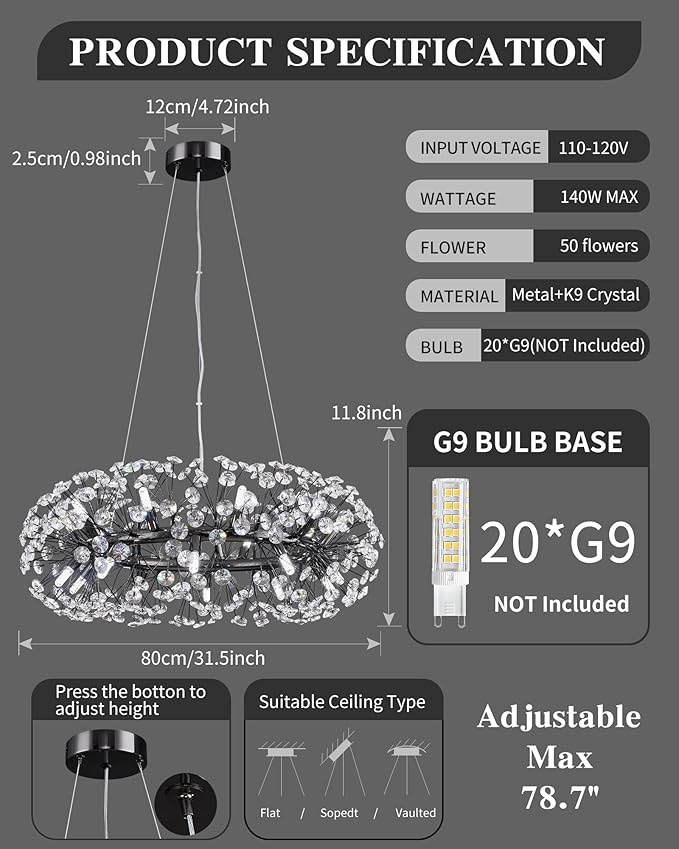 Modern Firework Chandelier, Farmhouse Black Crystal Round Dandelion Sputnik Chandeliers, 31.5" Contemporary 20-Light Pendant Hanging Lighting for Dining Room Kitchen Bedroom Living Room