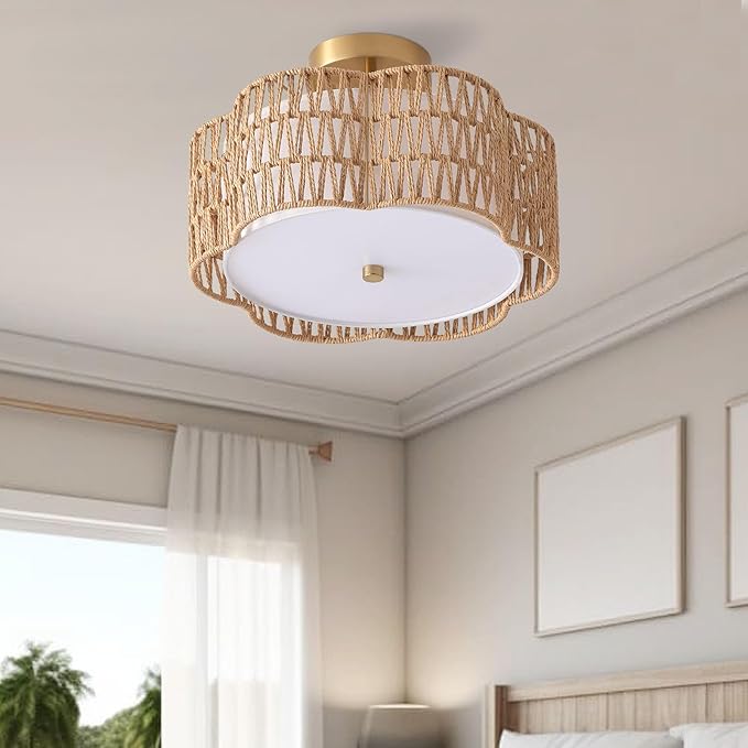 13.6" Boho Light Fixtures Flush Mount, 3-Light Rattan Ceiling Light Fixtures Flush Mount Gold for Bedroom, Flower-Shaped Close to Ceiling Light Fixture for Hallway Kitchen Dining Room(Yellow)