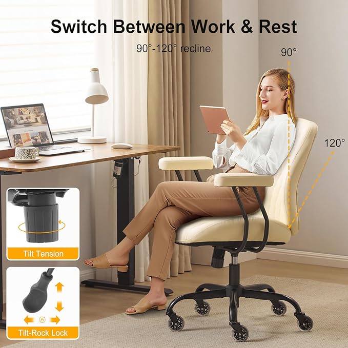 YFO Home Office Chair Office Rubber Casters Ergonomic Computer Chair with Lumbar Support Adjustable Height Rolling Swivel Executive Task Armrests Chair๏ผ Cream Leather