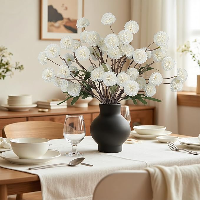 Faux White Kiku Flowers 10 Stems & 2 Eucalyptus,Fake Mums Flower Autumn Artificial Chrysanthemums Mini Ball Floral for Table Centerpieces,Silk Fall Faux Mums Flower for Vase Wedding Arrangements Decor