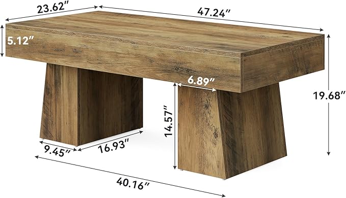 LITTLE TREE Farmhouse Coffee Table, 47 Inches Wooden Rectangular Accent Center Tables with Thick Base, Modern Low Cocktail Tea Furniture for Living Room (Rustic Brown)