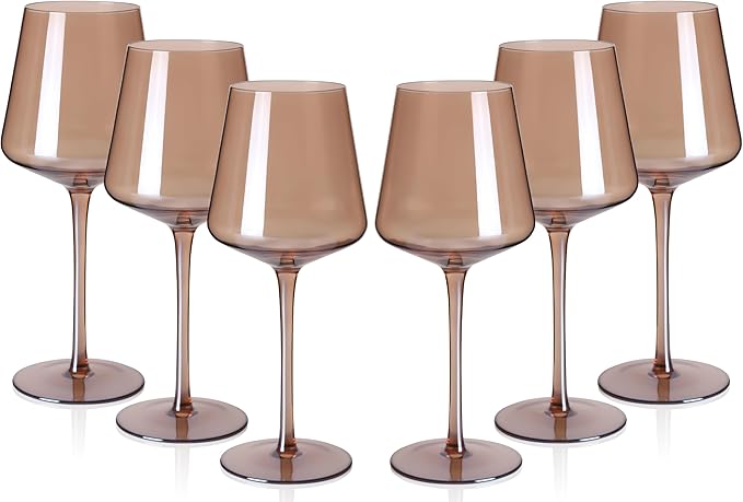 Colored Wine Glasses Set of 6-18oz Smokey Sand Wine Glass with Tall Long Stems and Flat Bottom,Crystal Amber Wine Glasses-Unique Gifts for Wine Lovers,Wedding,Engagement Gifts(Smokey Sand)
