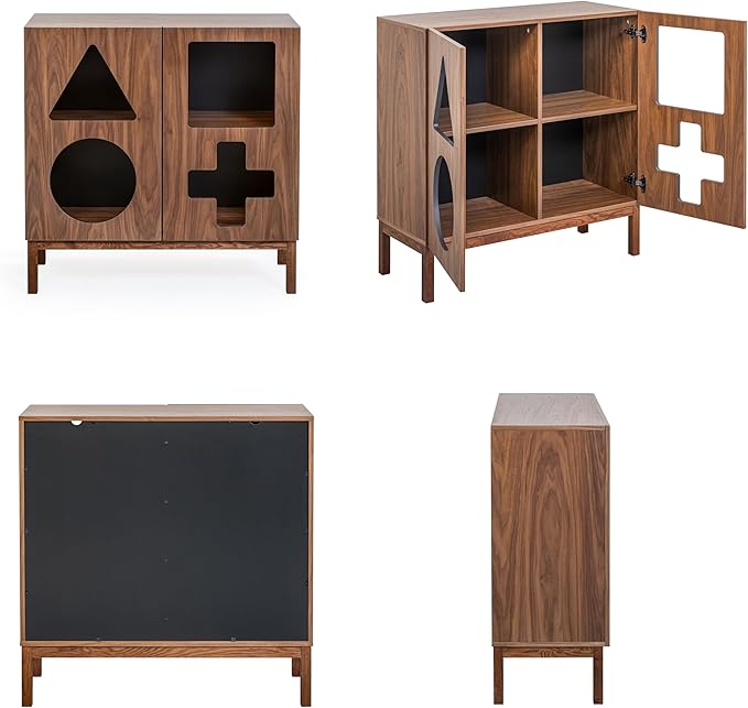 WERMO 37'' Showcase Display Cabinet with Geometric Cut-Out Doors - Modern Curio Cabinet for Dining Room, Living Room, Entryway. Trophy Case, Collectible Display Case Wood with Door & Storage Consoles (Walnut)