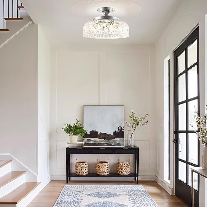 Lamomo Semi Flush Mount Ceiling Light,Upgraded Larger Silver Hallway Light Fixture,3-Bulb Globe Glass Close to Ceiling Scone, Indoor Hanging Light for Bedroom Kitchen Porch Hallway,Bulbs Not Included