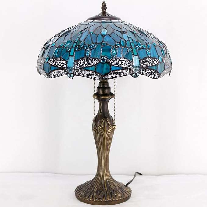 WERFACTORY Tiffany Table Lamp Green Stained Glass Dragonfly Bedside Lamp 16X16X24 Inches Desk Reading Light Metal Base Decor Bedroom Living Room Home Office S622 Series