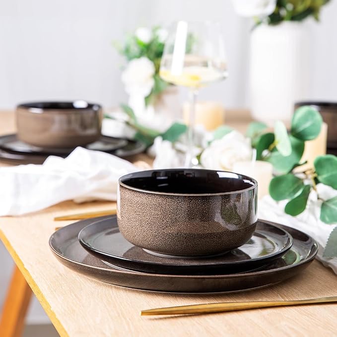 LeRatio Ceramic Dinnerware Sets for 4,12-Piece Plates and Bowls,Handmade Reactive Glaze Dishes Set,Chip Resistant and Scratch Resistant | Oven&Dishwasher & Microwave Safe,Service for 4-Coffee