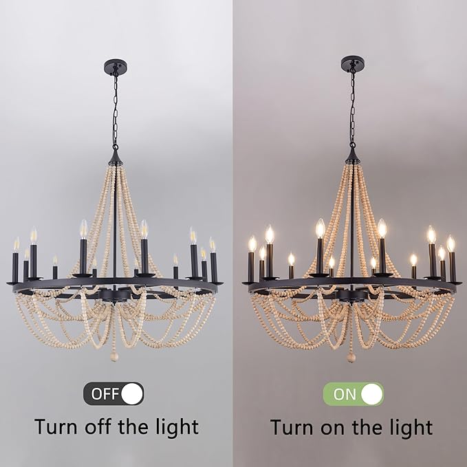 Wellmet Wood Bead Chandelier 38", 12 Light Black Wagon Wheel Chandelier, Farmhouse Dining Room Pendant Light Fixtures Bohemian Coastal Chandeliers for Foyer, Kitchen, Living Room, Entryway, Bedroom