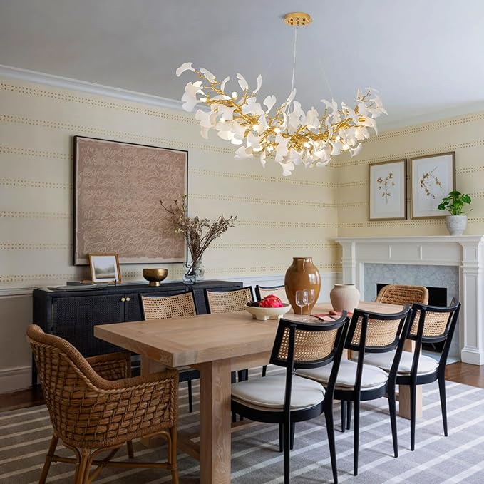 Modern Gold and Wtite Large Rectangle Tree Branch Dining Room Chandeliers, 72" Rectangle Ceramic Ginkgo Leaf Chandelier, Linear Chandeliers for Dining Room,Kitchen,Hanging Chandelier