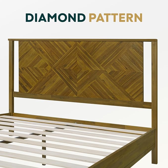 Bme Ethan Solid Wood Queen Bed Frame with Diamond Headboard - Rustic & Mid-century Modern - Acacia Wood Platform Bed - Compatible with All Mattresses - No Box Spring Needed - Rustic Brown
