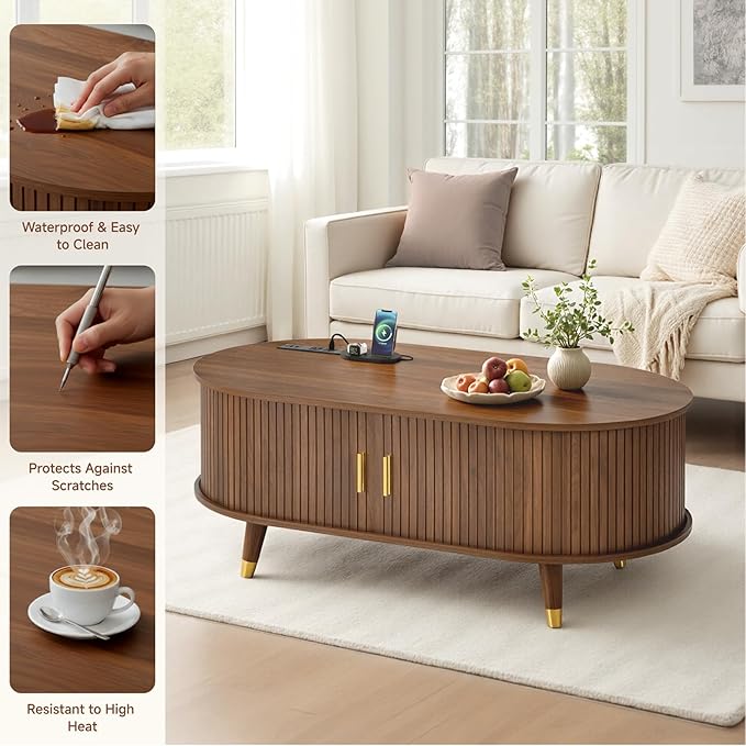 Mid-Century Fluted Oval Coffee Table with 360° Tambour Doors, Hidden Storage, Solid Wood Legs & 2 AC+2 USB Charging Station, Modern Coffee Table for Living Room, Apartment, Walnut