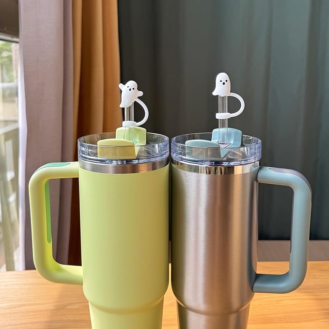 Cute Ghost Straw Covers Water Bottle Compatible with Stanley Water Bottle 30 40 oz, 4PCS Silicone Reusable Drinking Straw Topper, Funny Accessories Halloween Decorations Gifts Boo Basket Items Essentials