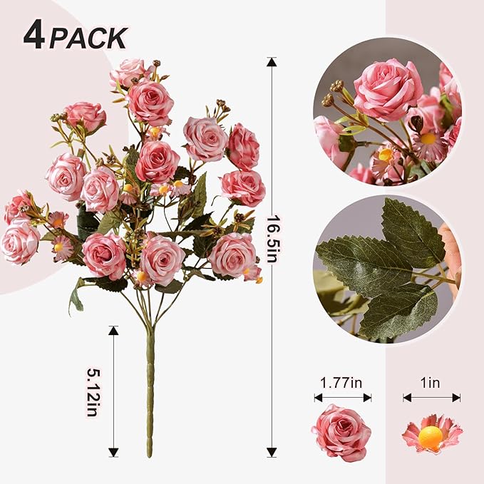 Artificial Flowers for Outdoor 4 Bundles Rose Bouquet with Daisy Faux Flowers UV Resistant for Home Indoor Outside Garden Porch Window Box Balcony Yard Porch Decor (Pink)