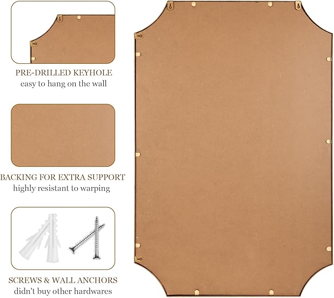 30"x40" Mirror for Wall, Full Scalloped Corners Rectangle Decorative Mirror, Metal Beaded Frame Accent Wall Decor for Bathroom, Entryway, Mantel, Antique Gold