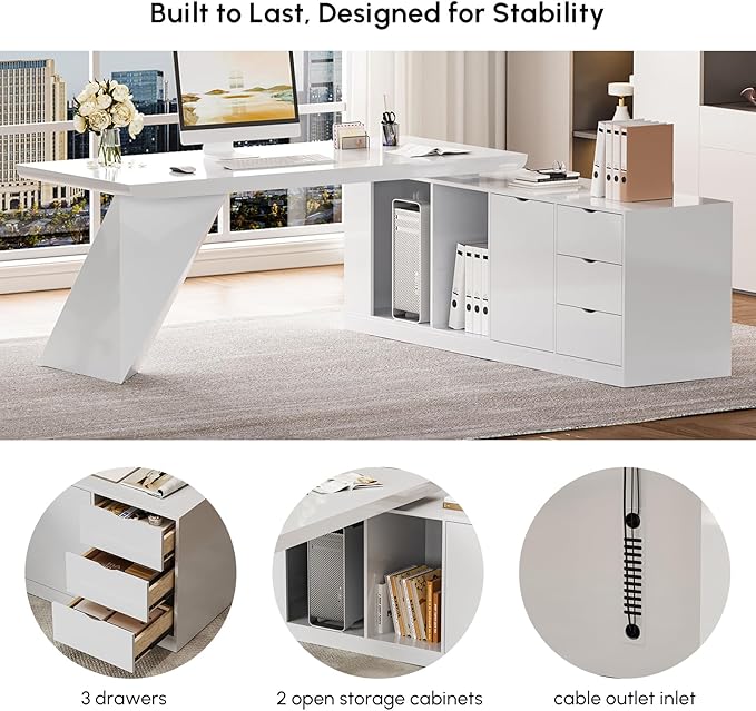 homary 70.9" Modern L-Shape Executive Desk, Home Office Desk with Drawers & Cabinet Modern Computer Desk for Home Business Furniture, White, Right Hand