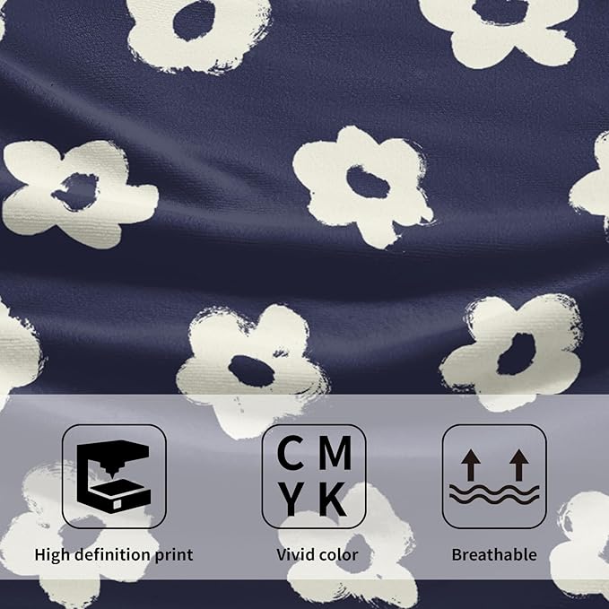 Modern Style Kitchen Towels Navy Blue Geometrical Stripe Set of 2 Quick Dry Microfiber Flower Pattern for Home Kitchen