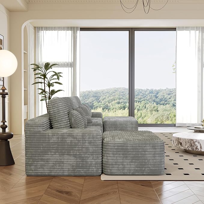 KEIKI 150" U-Shaped Oversized Corduroy Modular Sectional Sofa with 2 Ottomans and Multi Functional, 6-Seater Upholstered Couch, Easy Assembly, for Living Room, Grey